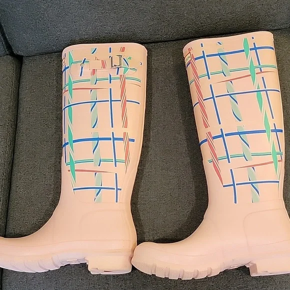 Hunter Pink Rock Tall Tartan Rain Boots Size 9 40/41 - Picture 4 of 9